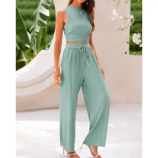 BTFBM Women Summer 2 Piece Outfits Ribbed Knit Crew Neck Sleeveless Cropped Top Elastic Waist Wide Leg Pants Lounge SetSolid Fruit Green
