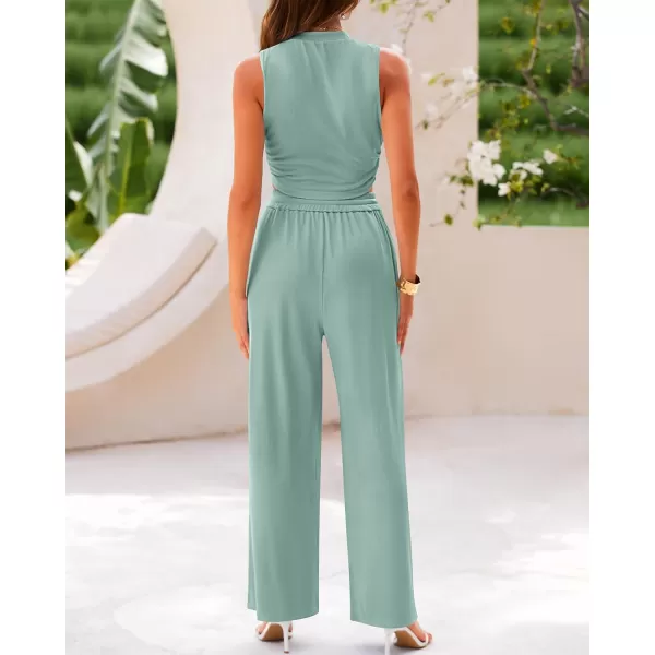 BTFBM Women Summer 2 Piece Outfits Ribbed Knit Crew Neck Sleeveless Cropped Top Elastic Waist Wide Leg Pants Lounge SetSolid Fruit Green