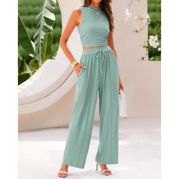 BTFBM Women Summer 2 Piece Outfits Ribbed Knit Crew Neck Sleeveless Cropped Top Elastic Waist Wide Leg Pants Lounge SetSolid Fruit Green