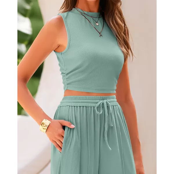 BTFBM Women Summer 2 Piece Outfits Ribbed Knit Crew Neck Sleeveless Cropped Top Elastic Waist Wide Leg Pants Lounge SetSolid Fruit Green