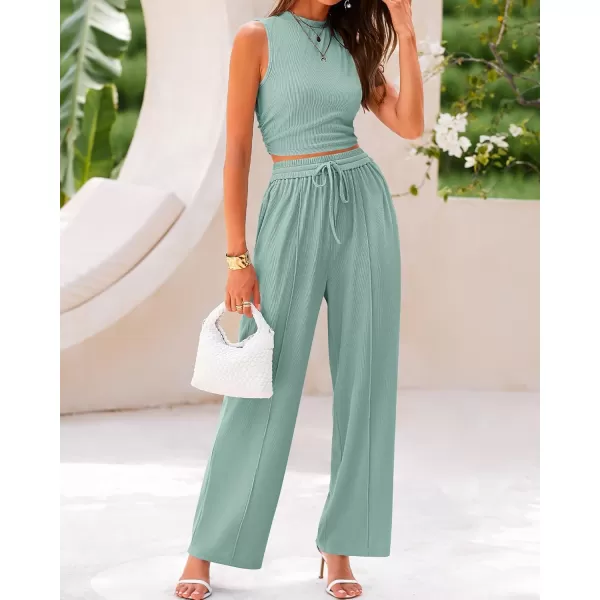 BTFBM Women Summer 2 Piece Outfits Ribbed Knit Crew Neck Sleeveless Cropped Top Elastic Waist Wide Leg Pants Lounge SetSolid Fruit Green