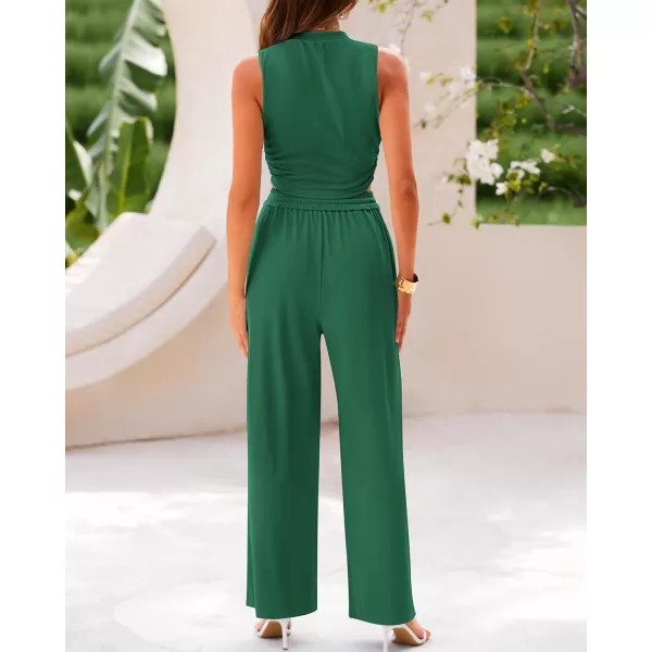 BTFBM Women Summer 2 Piece Outfits Ribbed Knit Crew Neck Sleeveless Cropped Top Elastic Waist Wide Leg Pants Lounge SetSolid Green