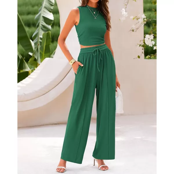 BTFBM Women Summer 2 Piece Outfits Ribbed Knit Crew Neck Sleeveless Cropped Top Elastic Waist Wide Leg Pants Lounge SetSolid Green