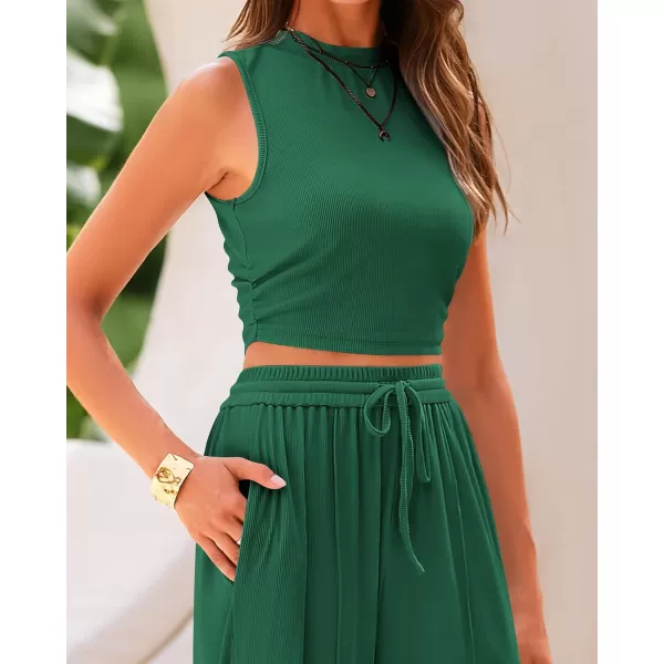 BTFBM Women Summer 2 Piece Outfits Ribbed Knit Crew Neck Sleeveless Cropped Top Elastic Waist Wide Leg Pants Lounge SetSolid Green