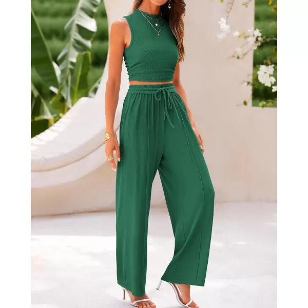 BTFBM Women Summer 2 Piece Outfits Ribbed Knit Crew Neck Sleeveless Cropped Top Elastic Waist Wide Leg Pants Lounge SetSolid Green