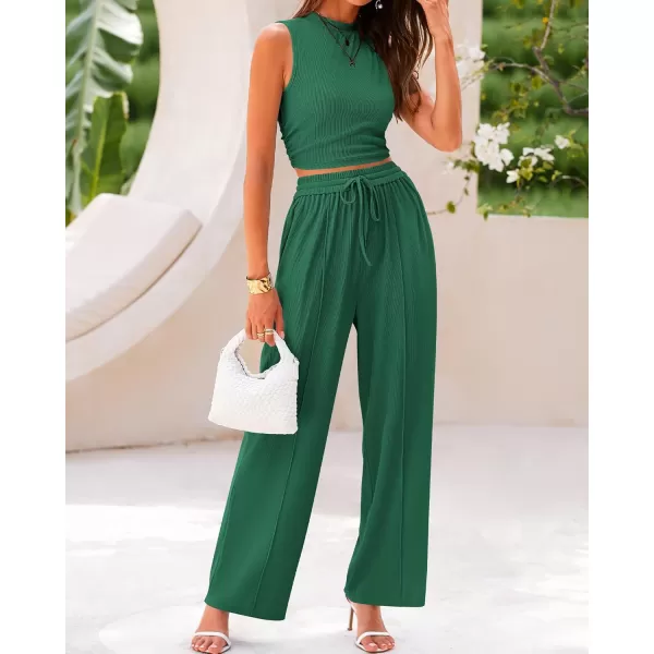 BTFBM Women Summer 2 Piece Outfits Ribbed Knit Crew Neck Sleeveless Cropped Top Elastic Waist Wide Leg Pants Lounge SetSolid Green