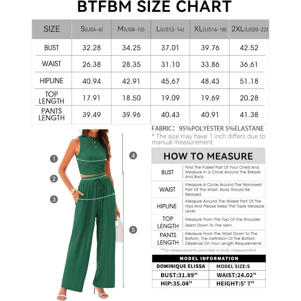 BTFBM Women Summer 2 Piece Outfits Ribbed Knit Crew Neck Sleeveless Cropped Top Elastic Waist Wide Leg Pants Lounge SetSolid Green