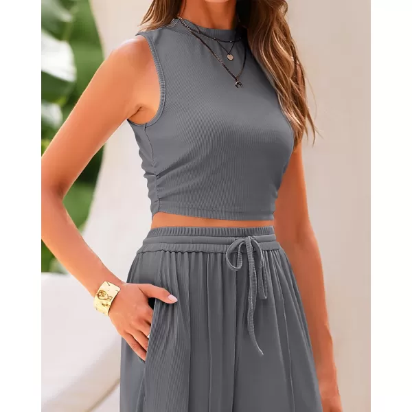 BTFBM Women Summer 2 Piece Outfits Ribbed Knit Crew Neck Sleeveless Cropped Top Elastic Waist Wide Leg Pants Lounge SetSolid Grey