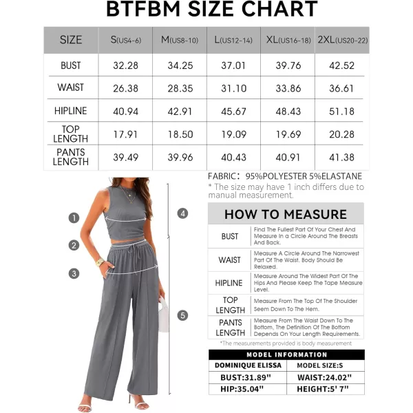 BTFBM Women Summer 2 Piece Outfits Ribbed Knit Crew Neck Sleeveless Cropped Top Elastic Waist Wide Leg Pants Lounge SetSolid Grey