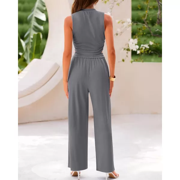 BTFBM Women Summer 2 Piece Outfits Ribbed Knit Crew Neck Sleeveless Cropped Top Elastic Waist Wide Leg Pants Lounge SetSolid Grey