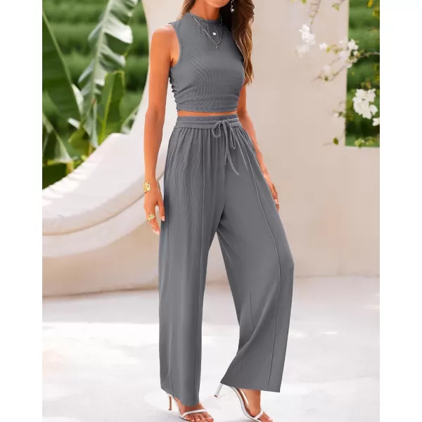 BTFBM Women Summer 2 Piece Outfits Ribbed Knit Crew Neck Sleeveless Cropped Top Elastic Waist Wide Leg Pants Lounge SetSolid Grey