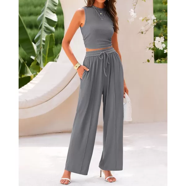 BTFBM Women Summer 2 Piece Outfits Ribbed Knit Crew Neck Sleeveless Cropped Top Elastic Waist Wide Leg Pants Lounge SetSolid Grey