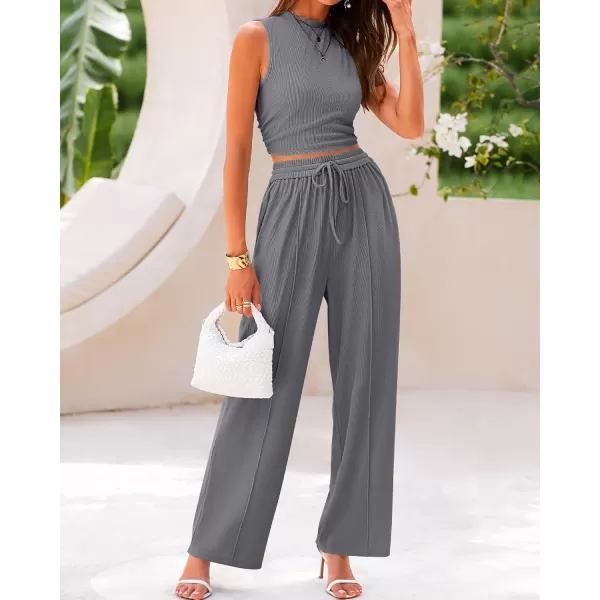 BTFBM Women Summer 2 Piece Outfits Ribbed Knit Crew Neck Sleeveless Cropped Top Elastic Waist Wide Leg Pants Lounge SetSolid Grey