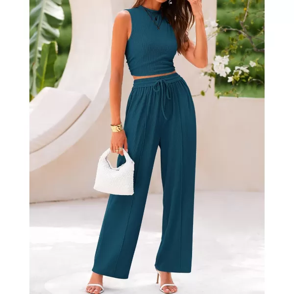 BTFBM Women Summer 2 Piece Outfits Ribbed Knit Crew Neck Sleeveless Cropped Top Elastic Waist Wide Leg Pants Lounge SetSolid Lake Blue