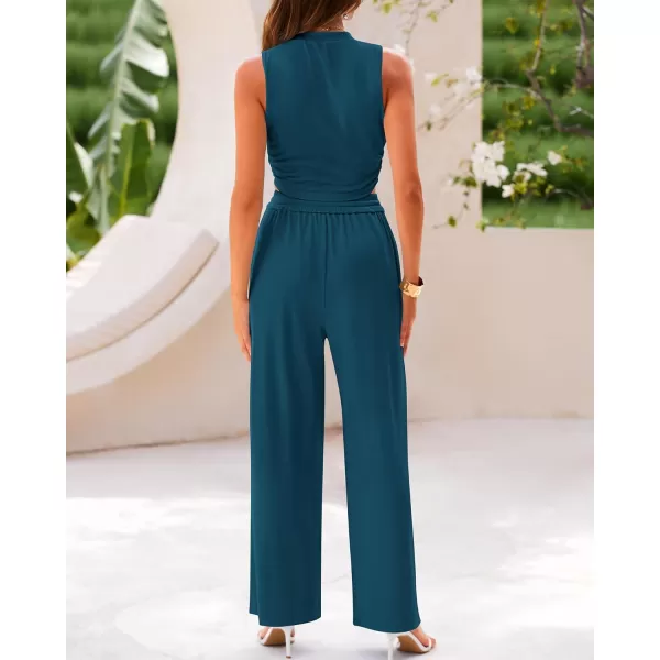 BTFBM Women Summer 2 Piece Outfits Ribbed Knit Crew Neck Sleeveless Cropped Top Elastic Waist Wide Leg Pants Lounge SetSolid Lake Blue