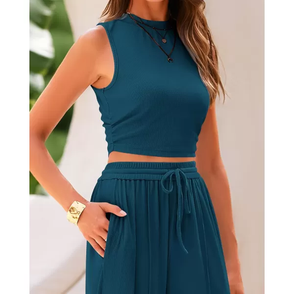 BTFBM Women Summer 2 Piece Outfits Ribbed Knit Crew Neck Sleeveless Cropped Top Elastic Waist Wide Leg Pants Lounge SetSolid Lake Blue
