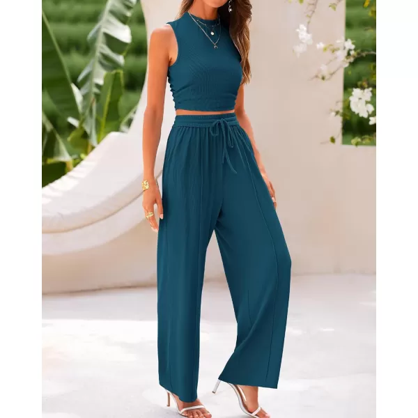 BTFBM Women Summer 2 Piece Outfits Ribbed Knit Crew Neck Sleeveless Cropped Top Elastic Waist Wide Leg Pants Lounge SetSolid Lake Blue