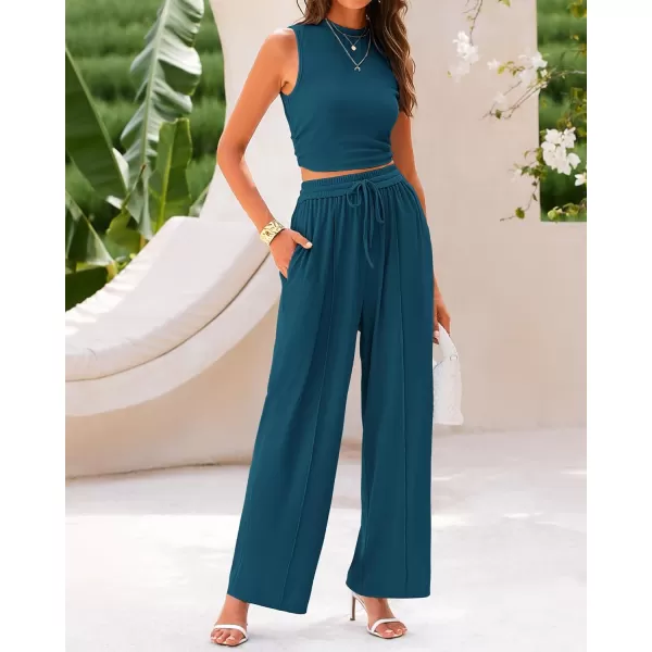 BTFBM Women Summer 2 Piece Outfits Ribbed Knit Crew Neck Sleeveless Cropped Top Elastic Waist Wide Leg Pants Lounge SetSolid Lake Blue