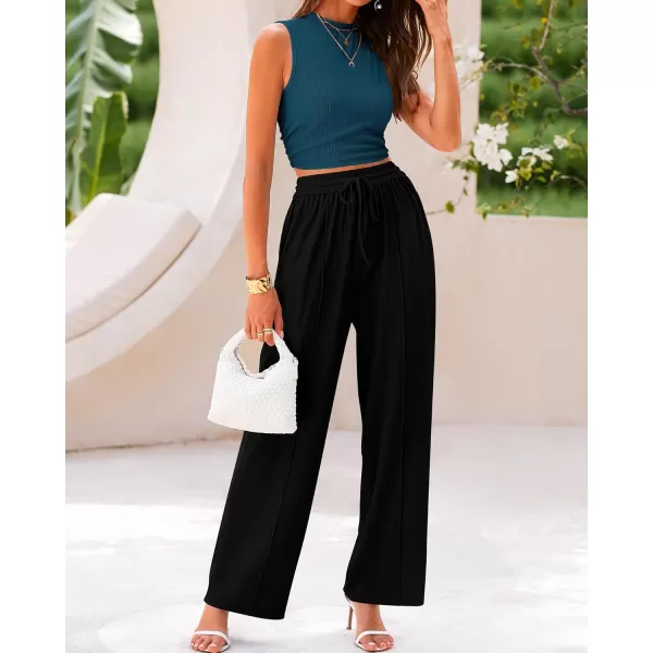 BTFBM Women Summer 2 Piece Outfits Ribbed Knit Crew Neck Sleeveless Cropped Top Elastic Waist Wide Leg Pants Lounge SetSolid Lake Blue Black