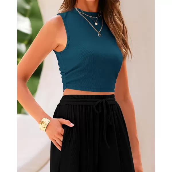 BTFBM Women Summer 2 Piece Outfits Ribbed Knit Crew Neck Sleeveless Cropped Top Elastic Waist Wide Leg Pants Lounge SetSolid Lake Blue Black