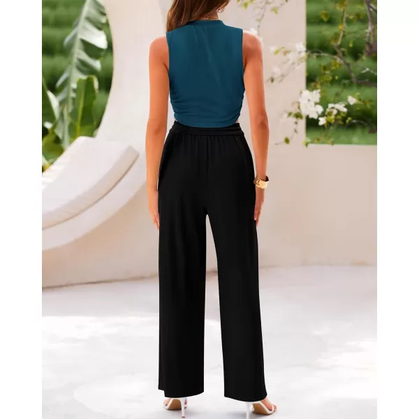 BTFBM Women Summer 2 Piece Outfits Ribbed Knit Crew Neck Sleeveless Cropped Top Elastic Waist Wide Leg Pants Lounge SetSolid Lake Blue Black