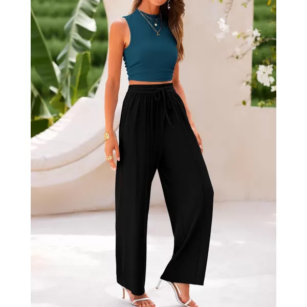 BTFBM Women Summer 2 Piece Outfits Ribbed Knit Crew Neck Sleeveless Cropped Top Elastic Waist Wide Leg Pants Lounge SetSolid Lake Blue Black