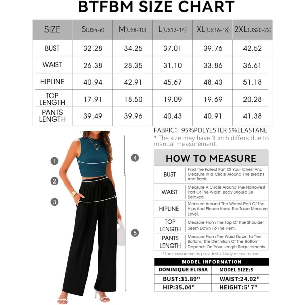 BTFBM Women Summer 2 Piece Outfits Ribbed Knit Crew Neck Sleeveless Cropped Top Elastic Waist Wide Leg Pants Lounge SetSolid Lake Blue Black