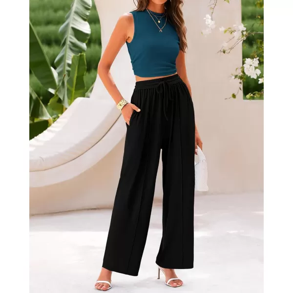 BTFBM Women Summer 2 Piece Outfits Ribbed Knit Crew Neck Sleeveless Cropped Top Elastic Waist Wide Leg Pants Lounge SetSolid Lake Blue Black