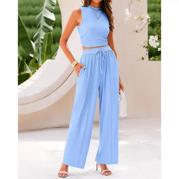 BTFBM Women Summer 2 Piece Outfits Ribbed Knit Crew Neck Sleeveless Cropped Top Elastic Waist Wide Leg Pants Lounge SetSolid Light Blue