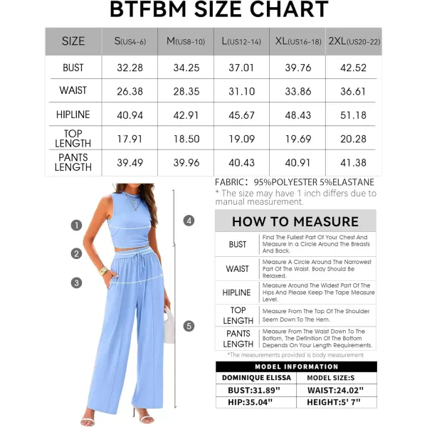 BTFBM Women Summer 2 Piece Outfits Ribbed Knit Crew Neck Sleeveless Cropped Top Elastic Waist Wide Leg Pants Lounge SetSolid Light Blue