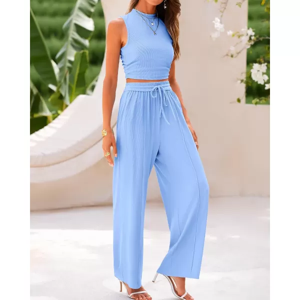 BTFBM Women Summer 2 Piece Outfits Ribbed Knit Crew Neck Sleeveless Cropped Top Elastic Waist Wide Leg Pants Lounge SetSolid Light Blue