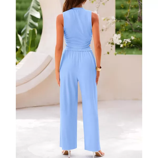 BTFBM Women Summer 2 Piece Outfits Ribbed Knit Crew Neck Sleeveless Cropped Top Elastic Waist Wide Leg Pants Lounge SetSolid Light Blue