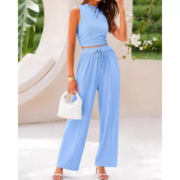 BTFBM Women Summer 2 Piece Outfits Ribbed Knit Crew Neck Sleeveless Cropped Top Elastic Waist Wide Leg Pants Lounge SetSolid Light Blue