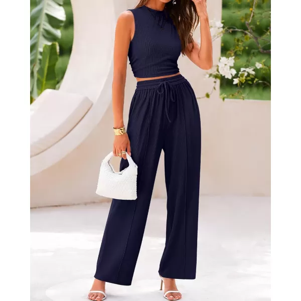 BTFBM Women Summer 2 Piece Outfits Ribbed Knit Crew Neck Sleeveless Cropped Top Elastic Waist Wide Leg Pants Lounge SetSolid Navy
