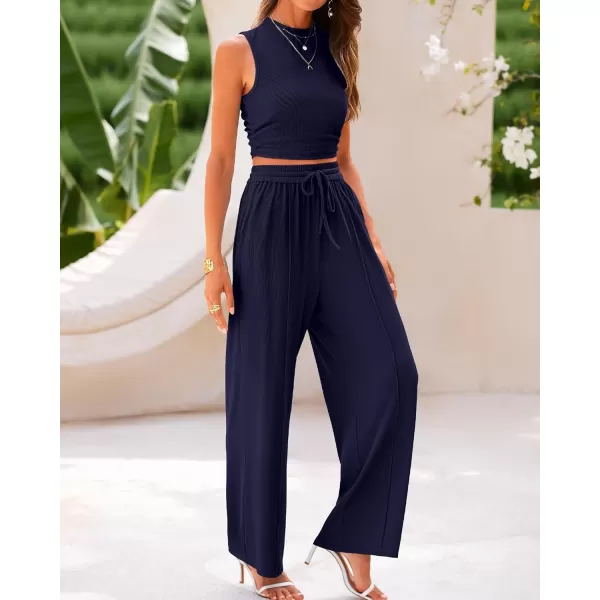 BTFBM Women Summer 2 Piece Outfits Ribbed Knit Crew Neck Sleeveless Cropped Top Elastic Waist Wide Leg Pants Lounge SetSolid Navy