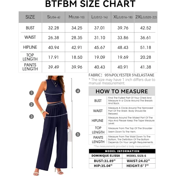 BTFBM Women Summer 2 Piece Outfits Ribbed Knit Crew Neck Sleeveless Cropped Top Elastic Waist Wide Leg Pants Lounge SetSolid Navy