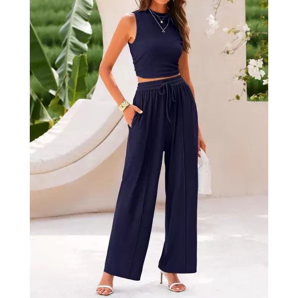 BTFBM Women Summer 2 Piece Outfits Ribbed Knit Crew Neck Sleeveless Cropped Top Elastic Waist Wide Leg Pants Lounge SetSolid Navy