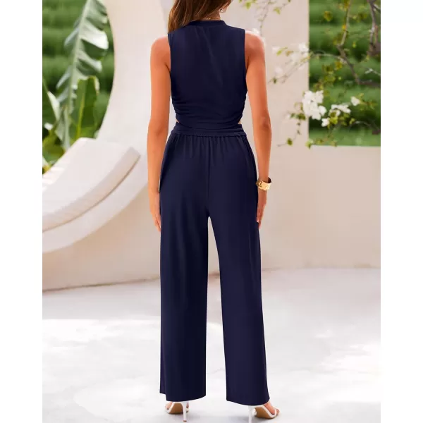 BTFBM Women Summer 2 Piece Outfits Ribbed Knit Crew Neck Sleeveless Cropped Top Elastic Waist Wide Leg Pants Lounge SetSolid Navy