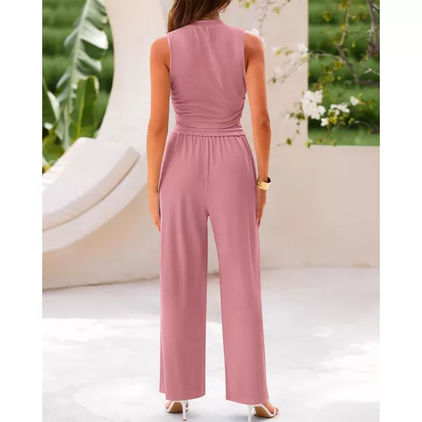 BTFBM Women Summer 2 Piece Outfits Ribbed Knit Crew Neck Sleeveless Cropped Top Elastic Waist Wide Leg Pants Lounge SetSolid Pink