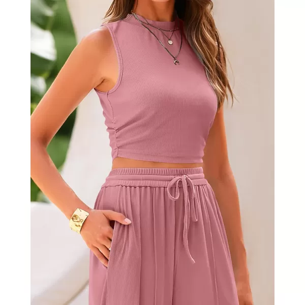 BTFBM Women Summer 2 Piece Outfits Ribbed Knit Crew Neck Sleeveless Cropped Top Elastic Waist Wide Leg Pants Lounge SetSolid Pink