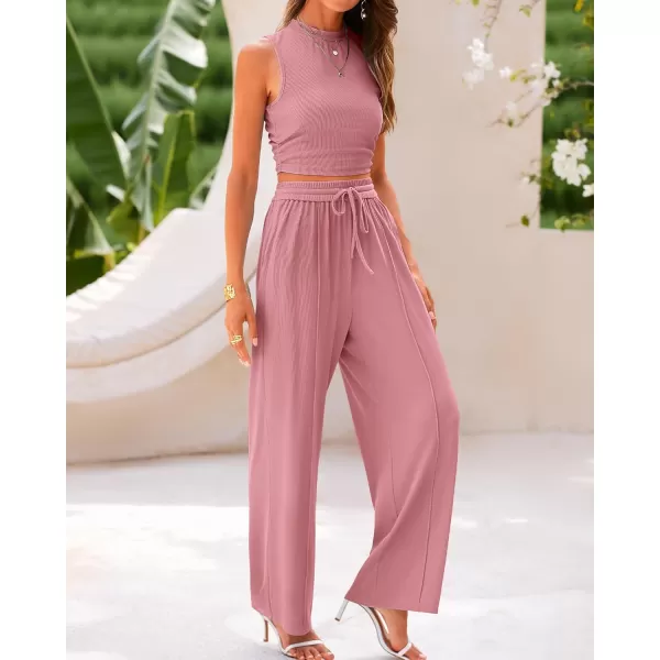 BTFBM Women Summer 2 Piece Outfits Ribbed Knit Crew Neck Sleeveless Cropped Top Elastic Waist Wide Leg Pants Lounge SetSolid Pink
