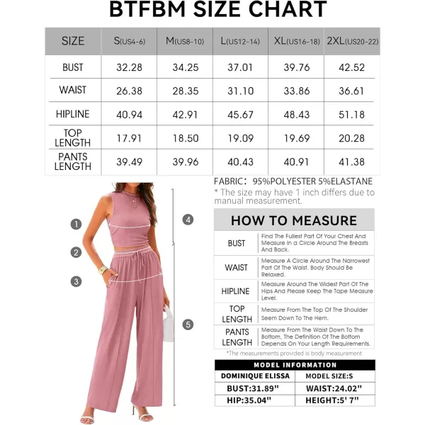 BTFBM Women Summer 2 Piece Outfits Ribbed Knit Crew Neck Sleeveless Cropped Top Elastic Waist Wide Leg Pants Lounge SetSolid Pink