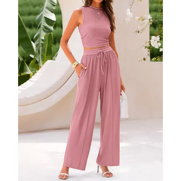 BTFBM Women Summer 2 Piece Outfits Ribbed Knit Crew Neck Sleeveless Cropped Top Elastic Waist Wide Leg Pants Lounge SetSolid Pink