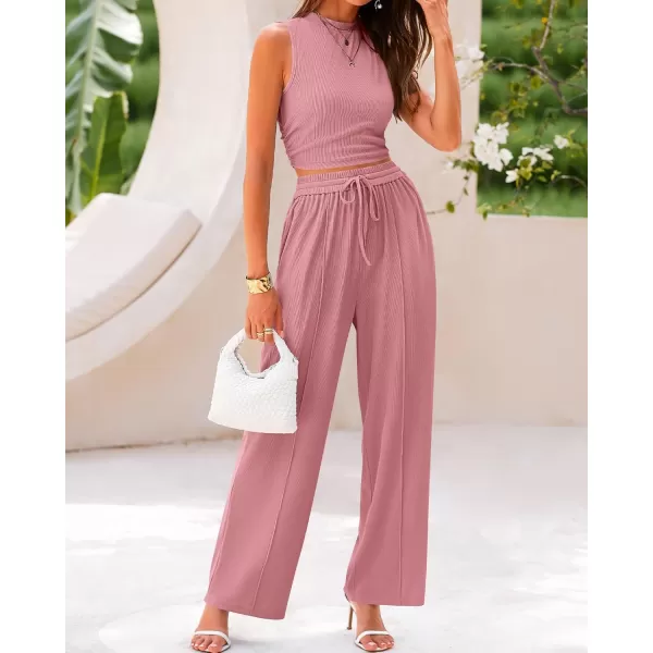 BTFBM Women Summer 2 Piece Outfits Ribbed Knit Crew Neck Sleeveless Cropped Top Elastic Waist Wide Leg Pants Lounge SetSolid Pink