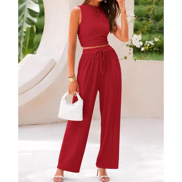 BTFBM Women Summer 2 Piece Outfits Ribbed Knit Crew Neck Sleeveless Cropped Top Elastic Waist Wide Leg Pants Lounge SetSolid Red