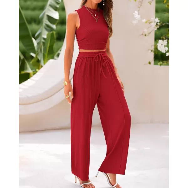 BTFBM Women Summer 2 Piece Outfits Ribbed Knit Crew Neck Sleeveless Cropped Top Elastic Waist Wide Leg Pants Lounge SetSolid Red