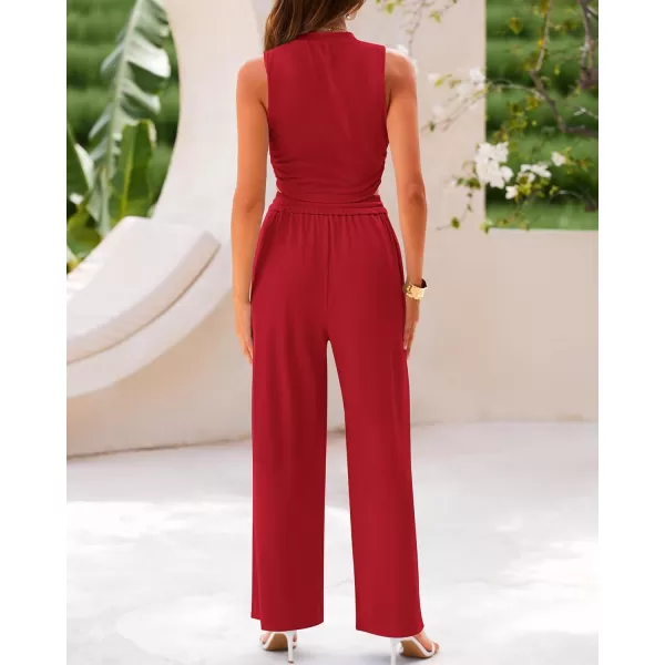 BTFBM Women Summer 2 Piece Outfits Ribbed Knit Crew Neck Sleeveless Cropped Top Elastic Waist Wide Leg Pants Lounge SetSolid Red
