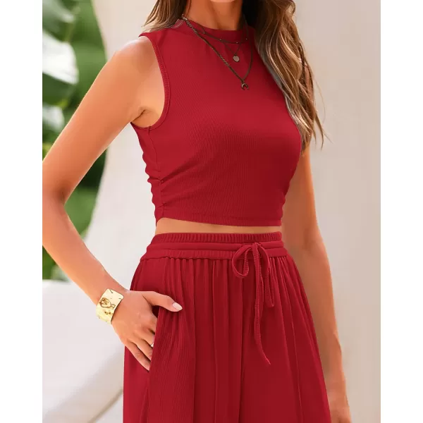 BTFBM Women Summer 2 Piece Outfits Ribbed Knit Crew Neck Sleeveless Cropped Top Elastic Waist Wide Leg Pants Lounge SetSolid Red