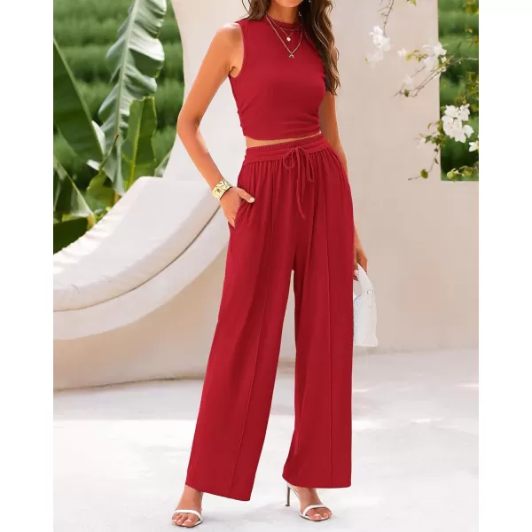 BTFBM Women Summer 2 Piece Outfits Ribbed Knit Crew Neck Sleeveless Cropped Top Elastic Waist Wide Leg Pants Lounge SetSolid Red