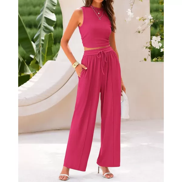 BTFBM Women Summer 2 Piece Outfits Ribbed Knit Crew Neck Sleeveless Cropped Top Elastic Waist Wide Leg Pants Lounge SetSolid Rose Red